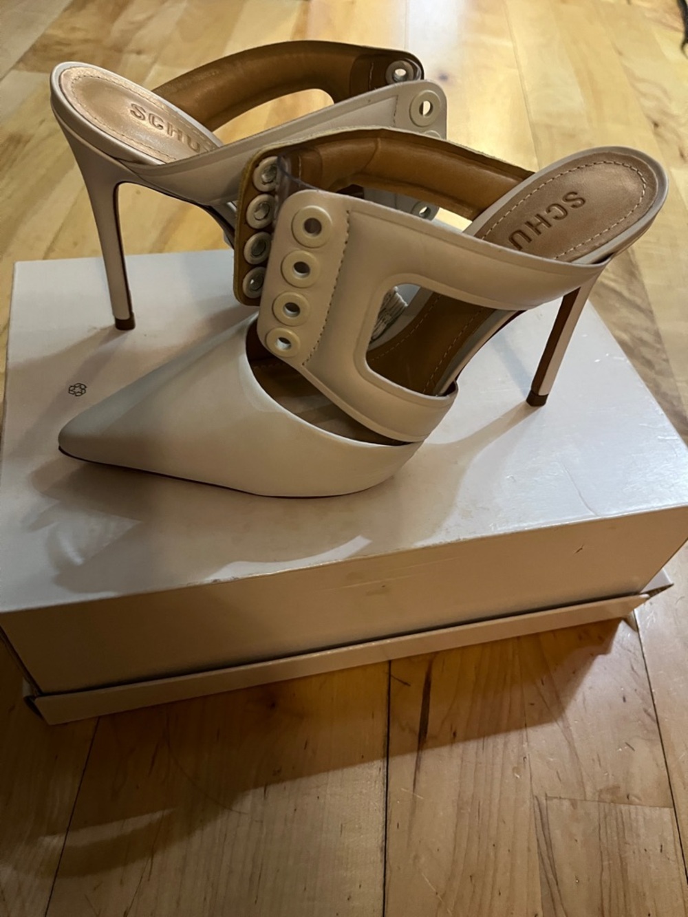 SCHUTZ off white Pointed-Toe Stiletto mule with PVC and faux lace details